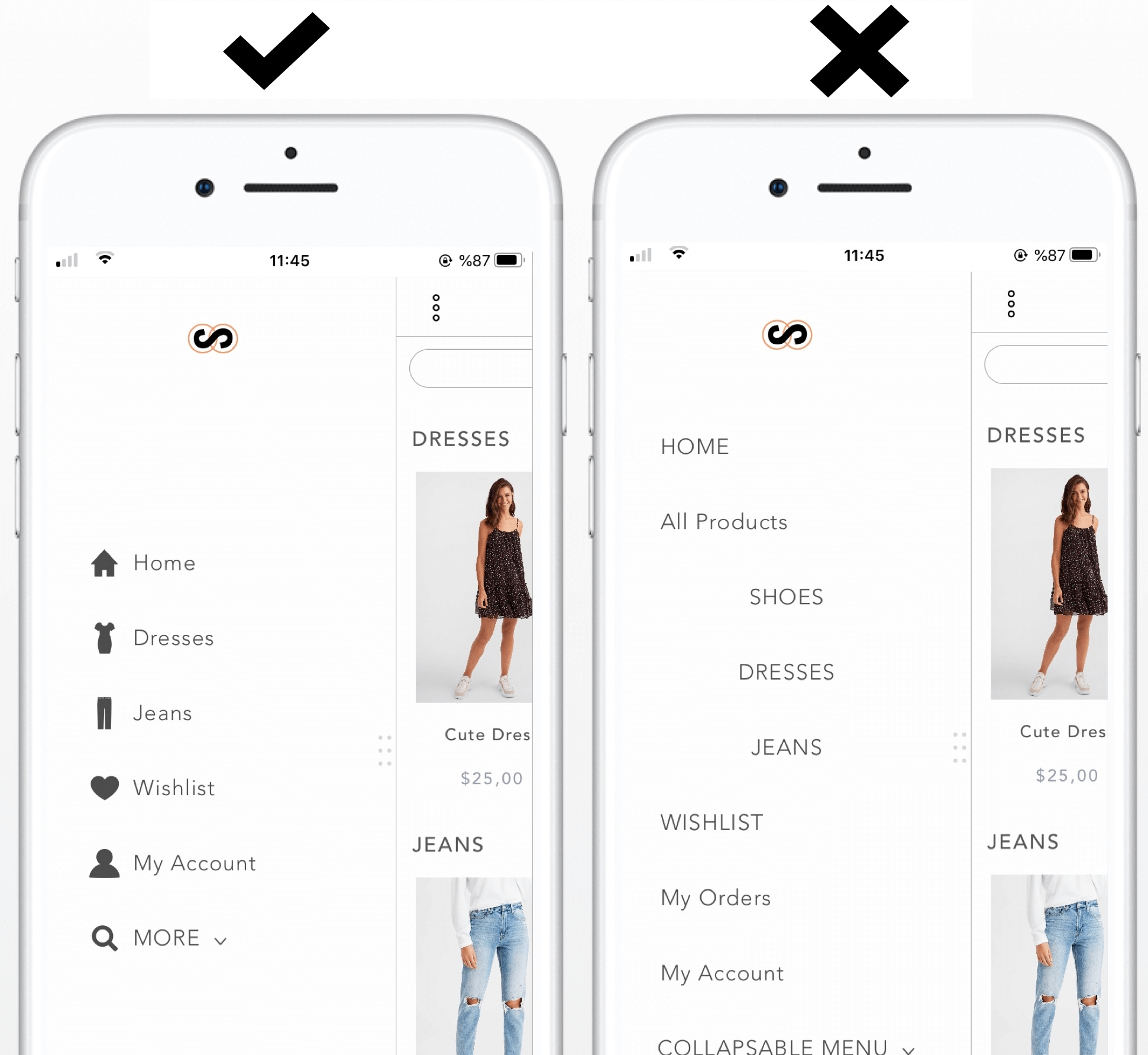 The examples of right and wrong way of setting mobile app menu