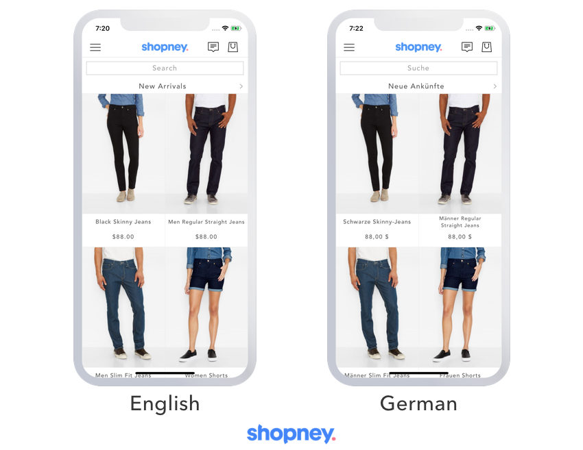 The same mobile app content in 2 languages in the image