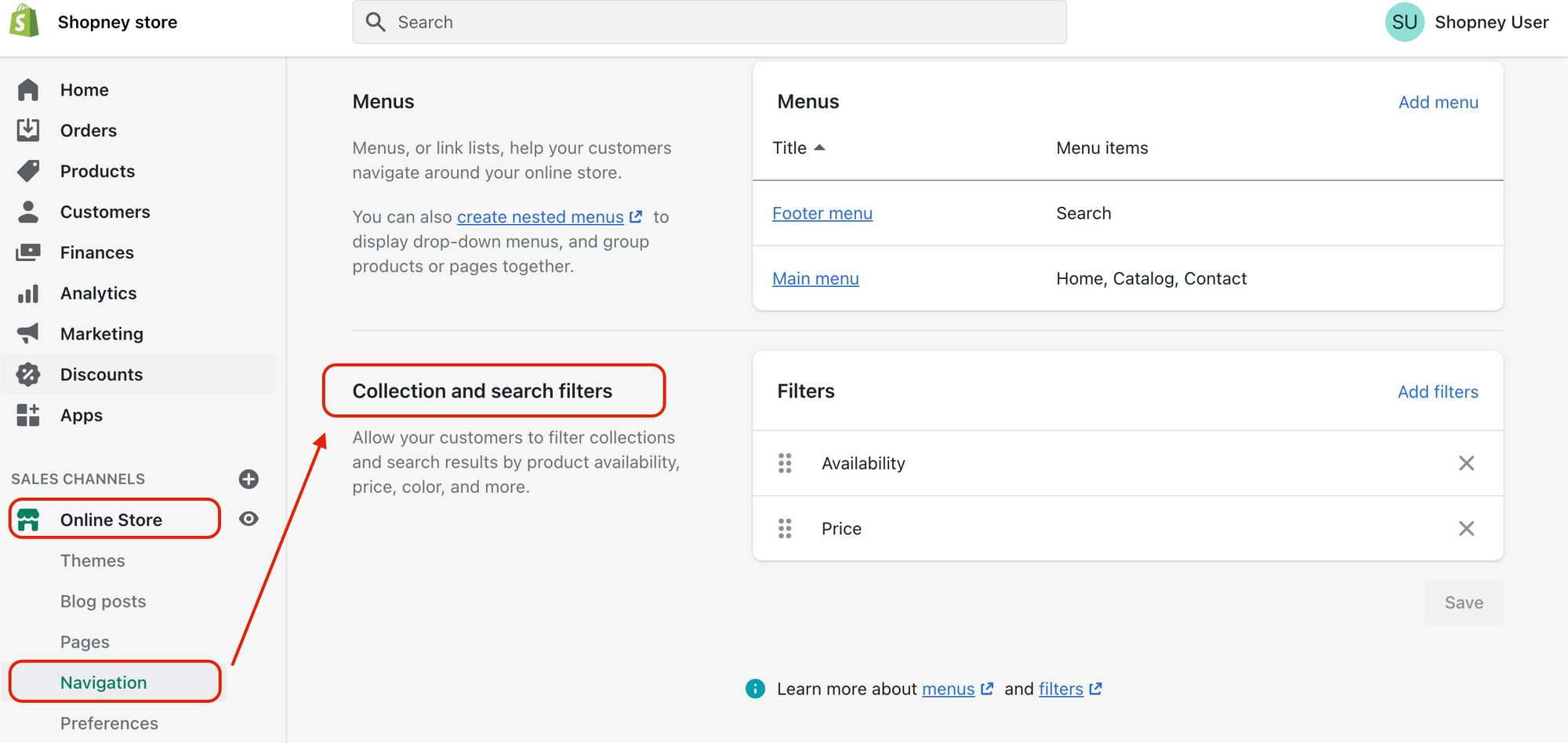 Shopify Dashboard- Online Store, Navigation, Collection and search filters