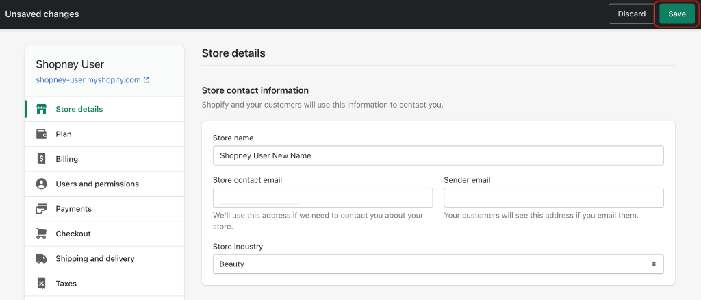 Shopify dashboard- Store details
