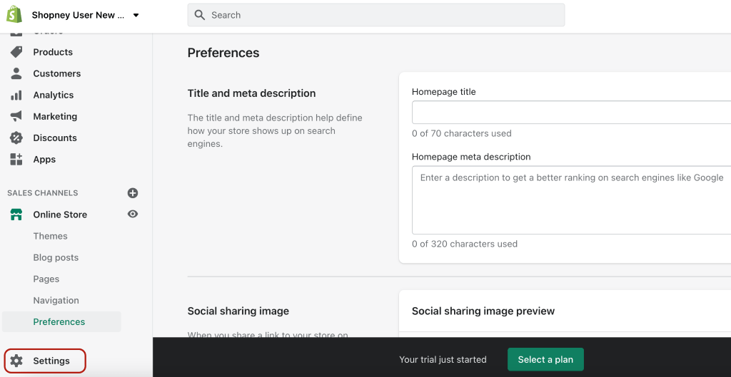 Shopify dashboard- Settings