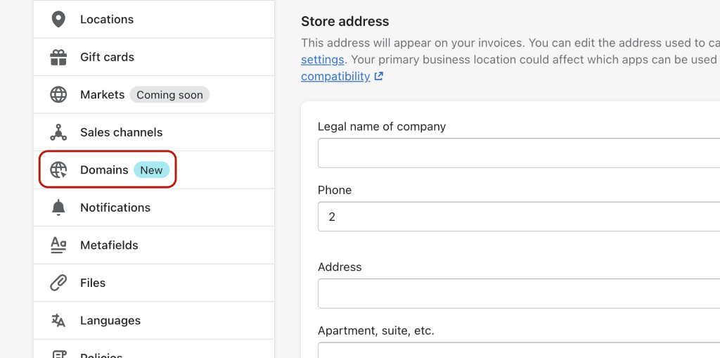 Shopify dashboard- Domains