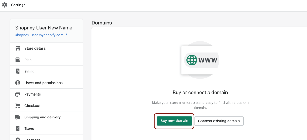 Shopify dashboard- Buy new domain