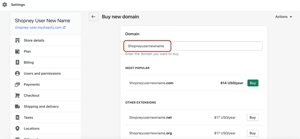 Shopify dashboard- Domain