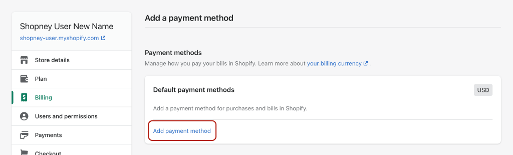Shopify dashboard- Add payment method