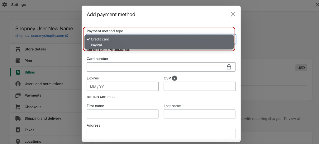 Shopify dashboard- Payment method type