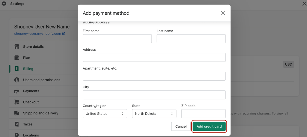 Shopify dashboard- Add credit card