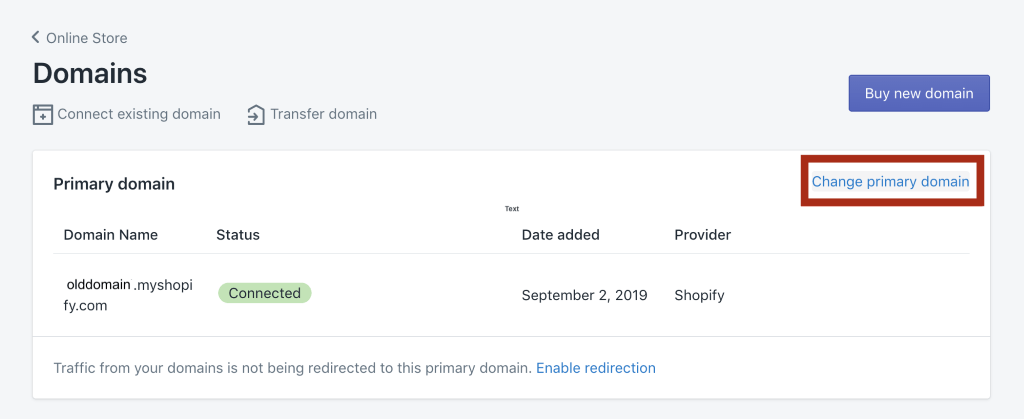 Shopify dashboard- Change primary domain