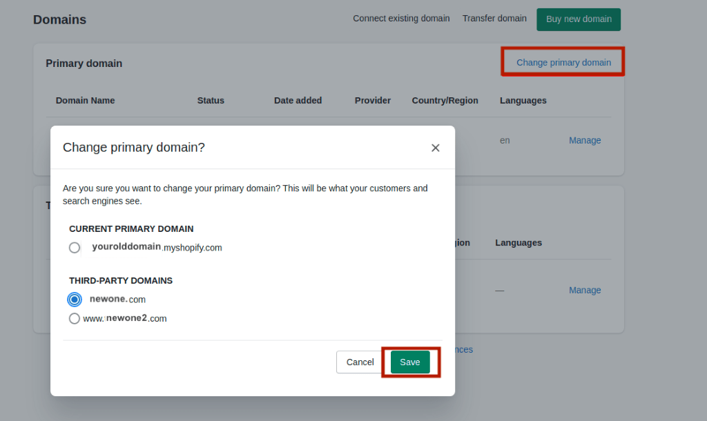 Shopify dashboard-Change primary domain