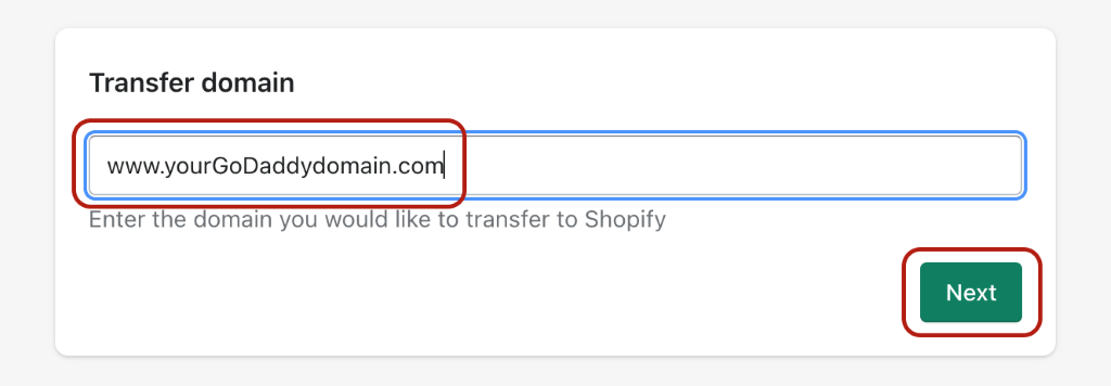 Shopify dashboard- Entering the domain to transfer
