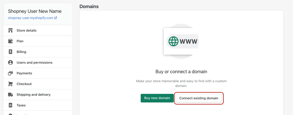 Shopify dashboard- Connect existing domain
