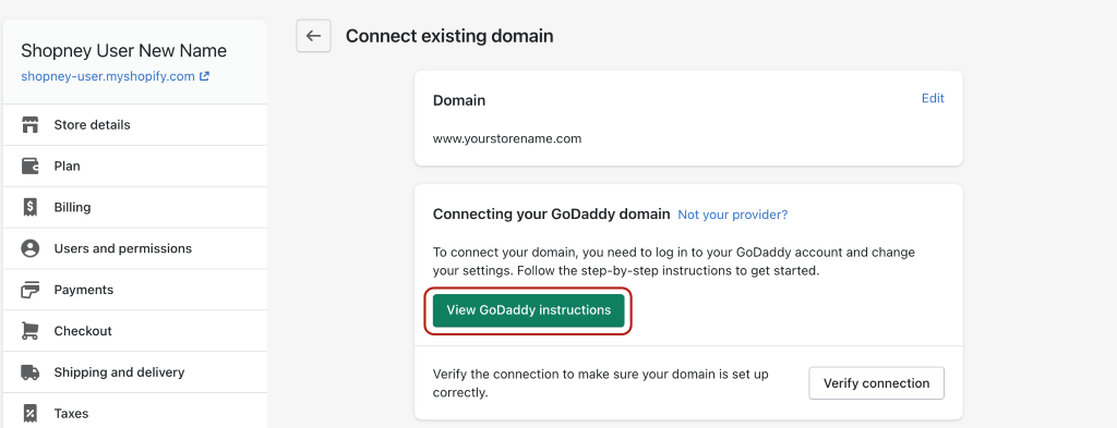 Shopify dashboard- View GoDaddy Instructions