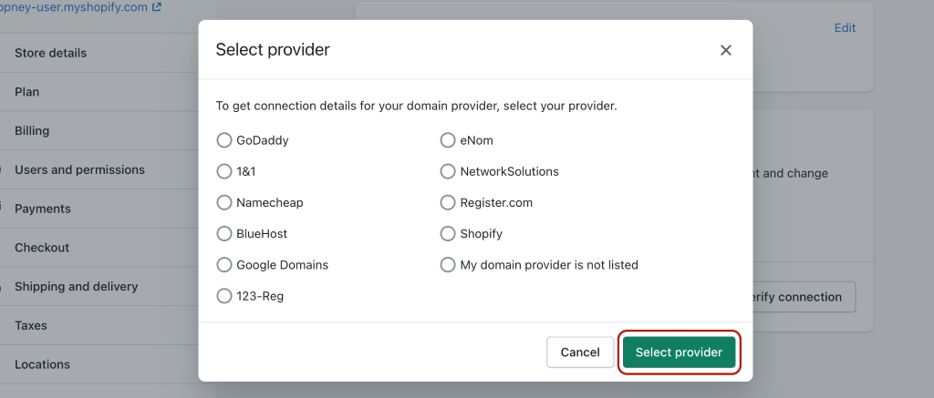 Shopify dashboard- Select provider