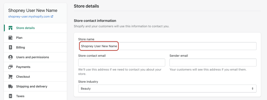 Shopify dashboard- Store name