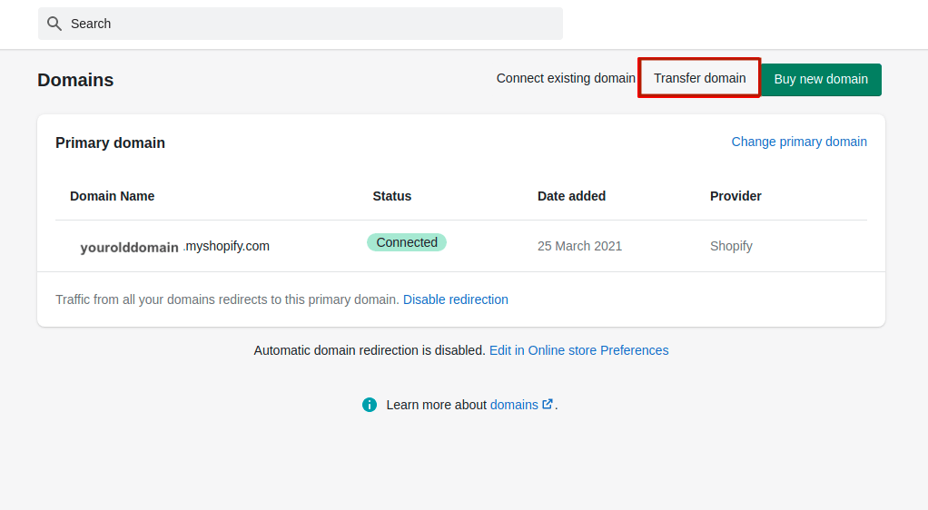 Shopify dashboard- Transfer domain