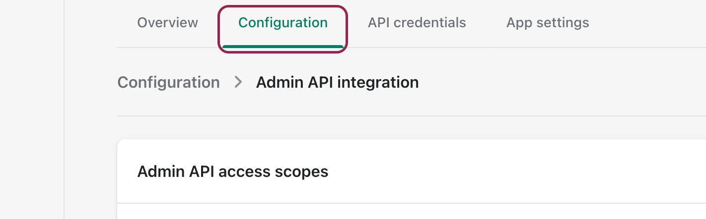 Shopify admin dashboard- API configuration