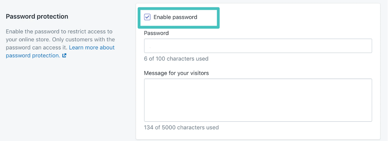 Shopify dashboard- enable password