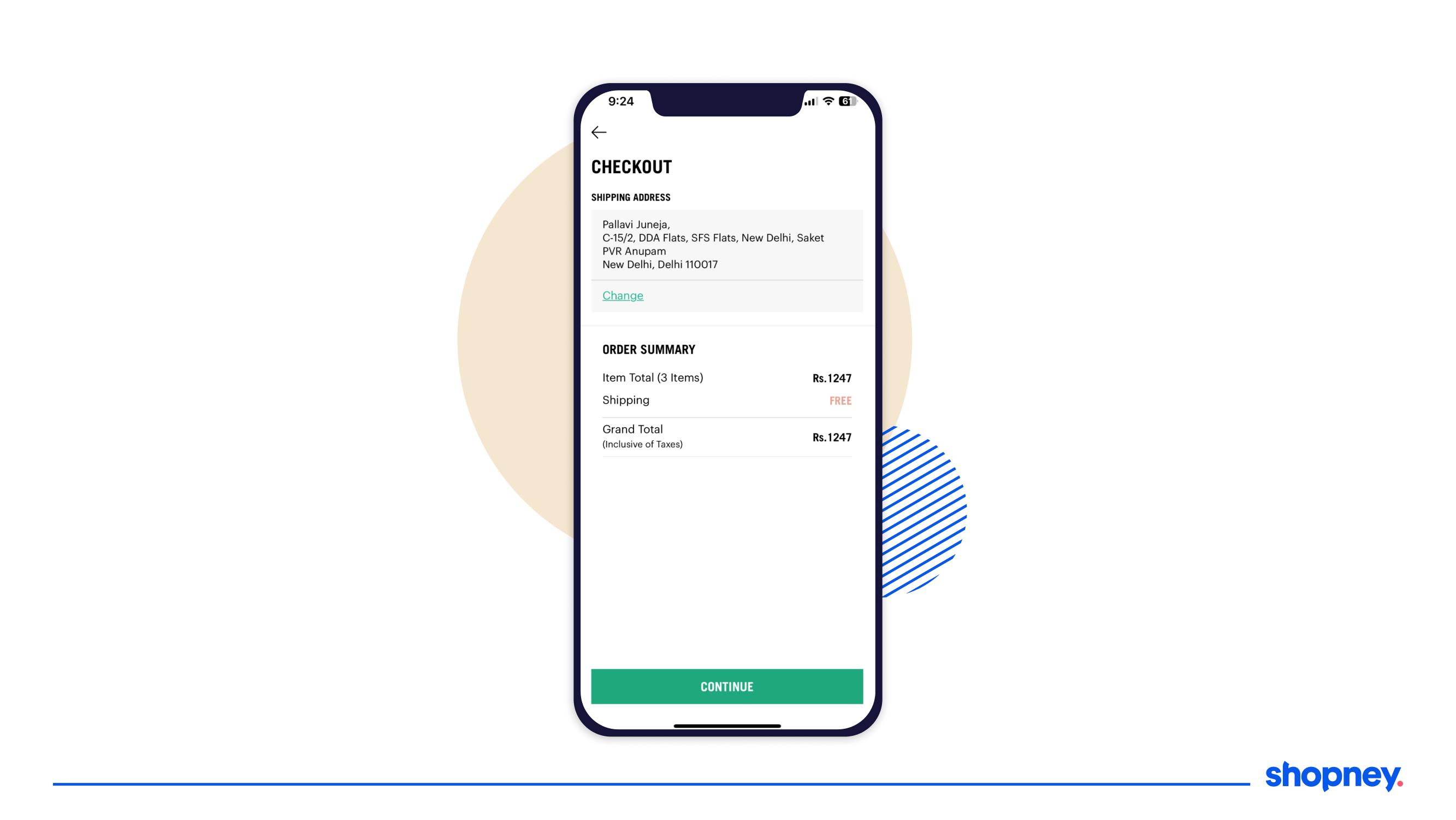 Minimal checkout page on the mobile app