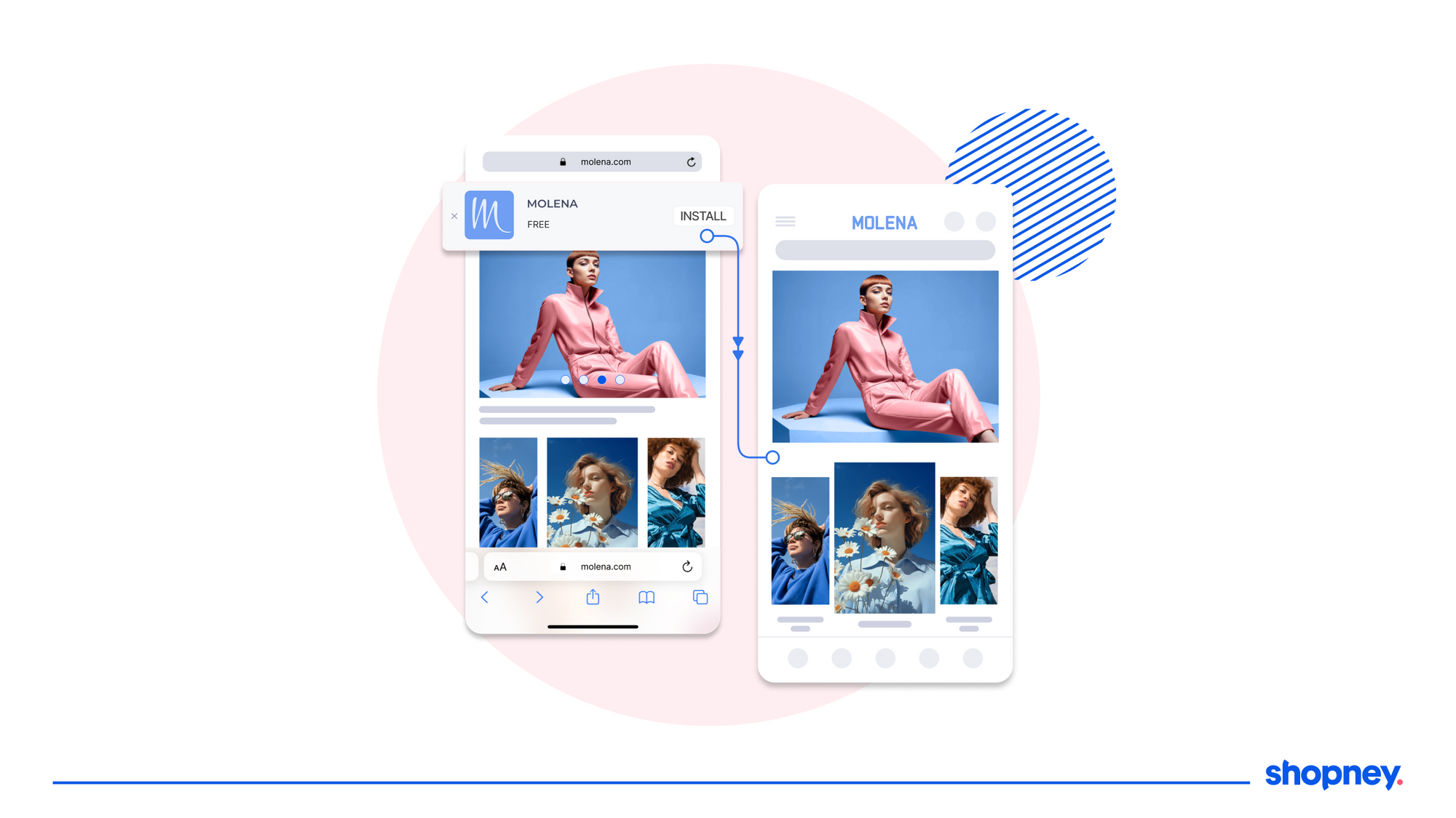 Screenshot of a website banner inviting visitors to download the app and a second screen of the mobile app.
