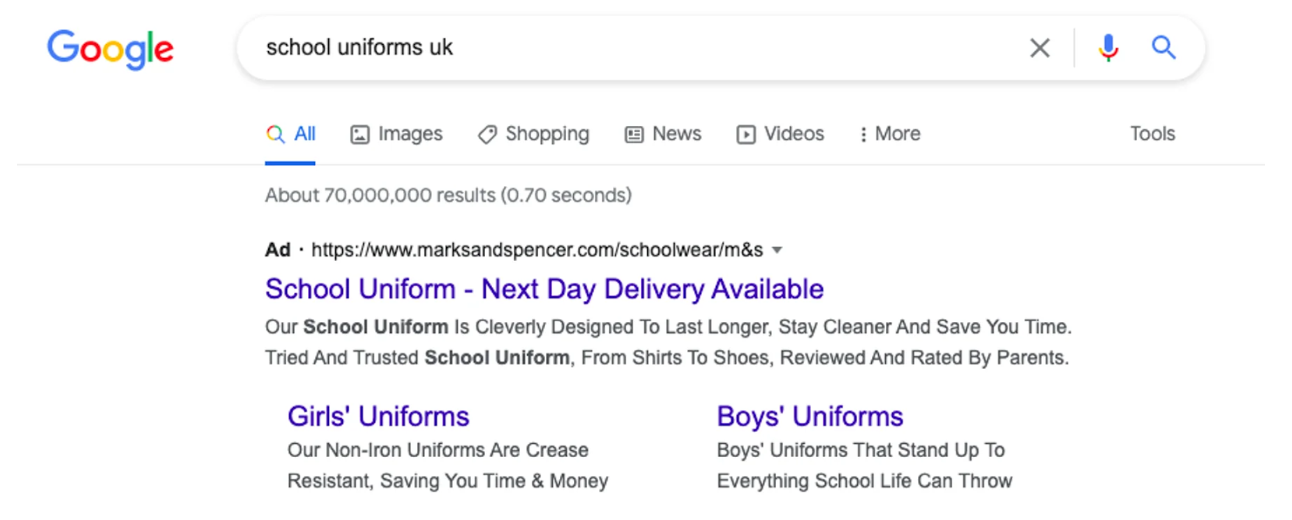 Marks & Spencer’s marketing strategy for back-to-school campaign showcased on the google search results page