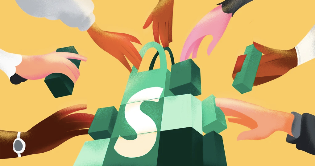 An illustration of a lot of hands reaching to a Shopify logo and getting money from it