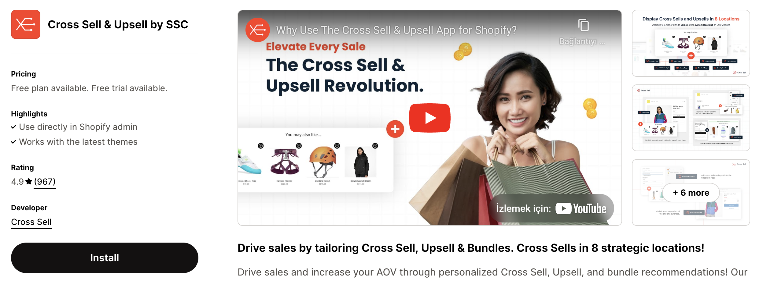 Shopify app store listing page of Cross Sell & Upsell