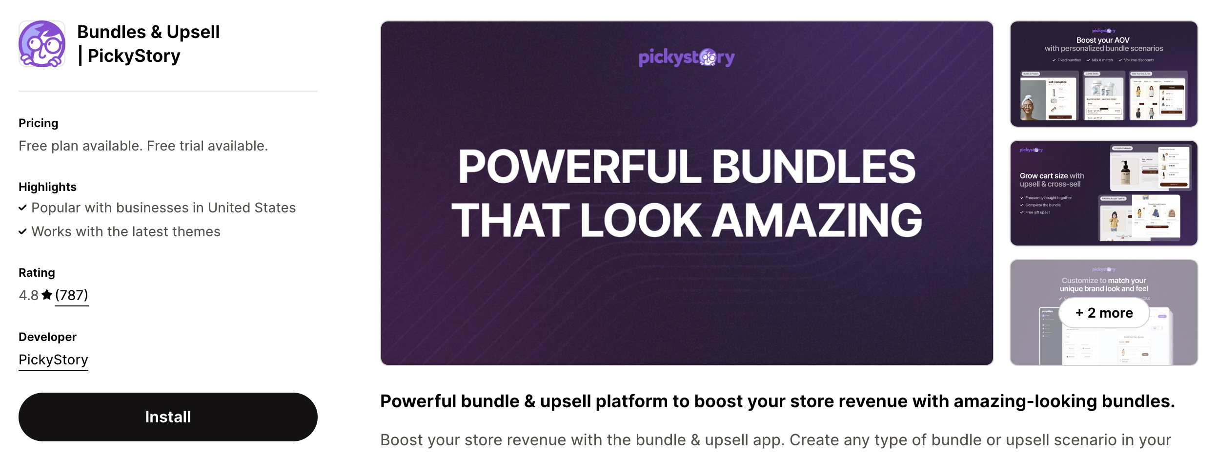 Shopify app store listing page of PickyStory