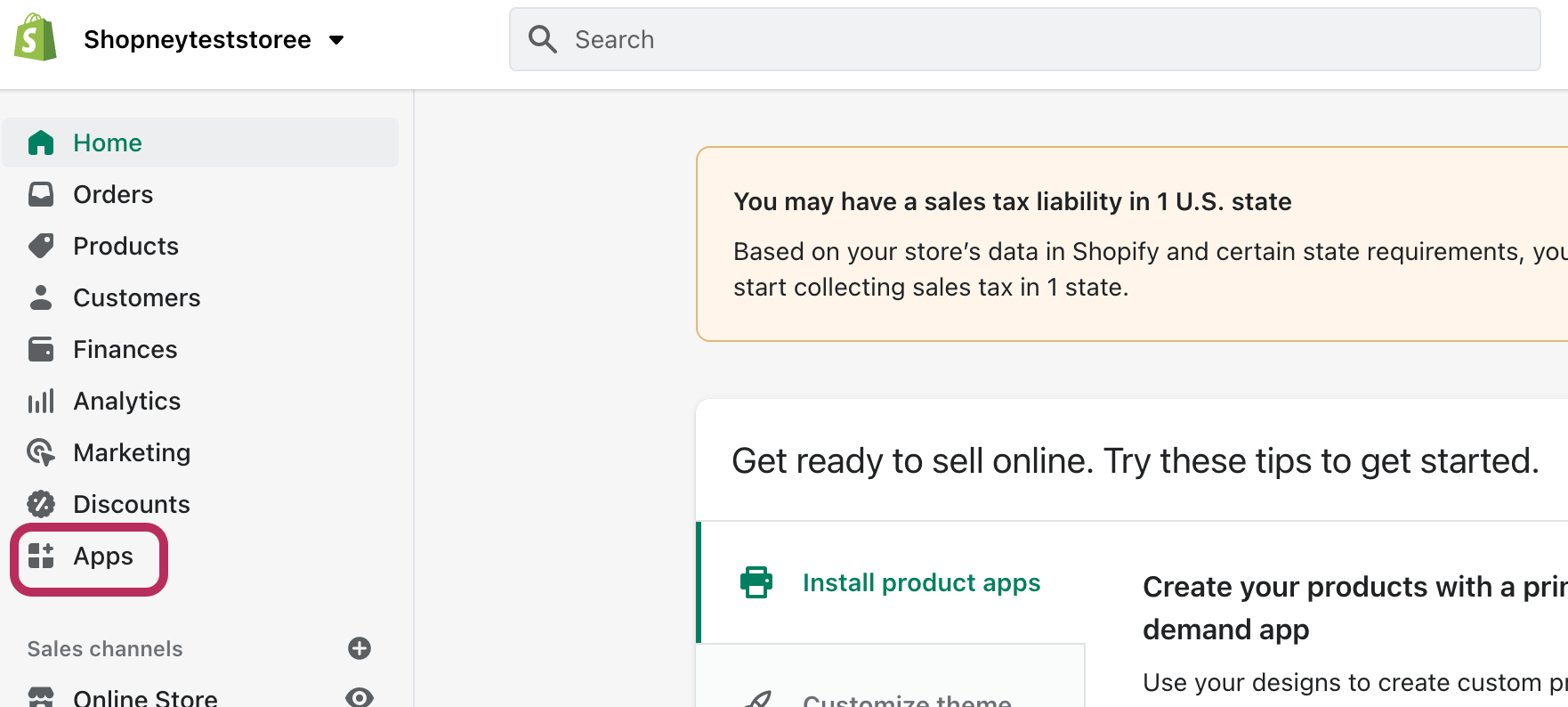 Shopify admin dashboard - Apps section