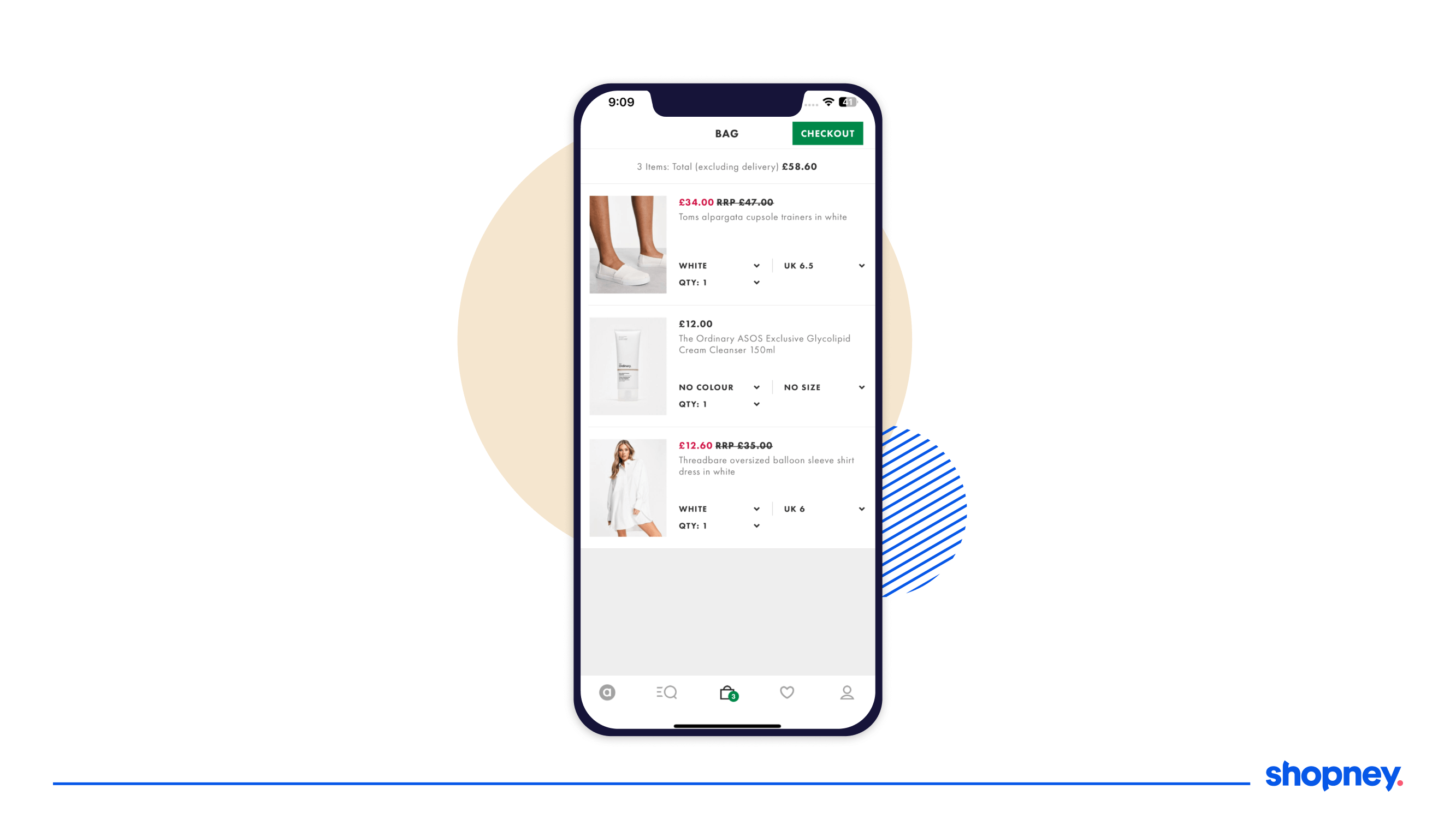 mobile app screen of a brand's shopping cart page