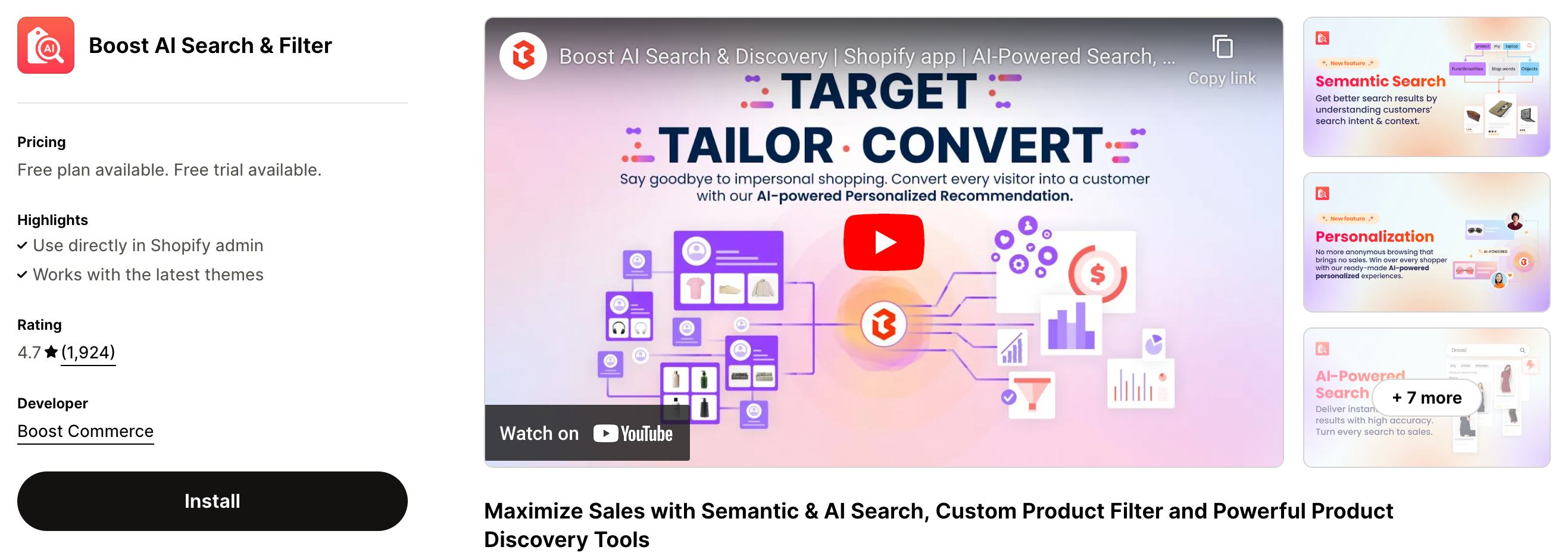 Shopify App Store Listing Page of Boost Search & Filter