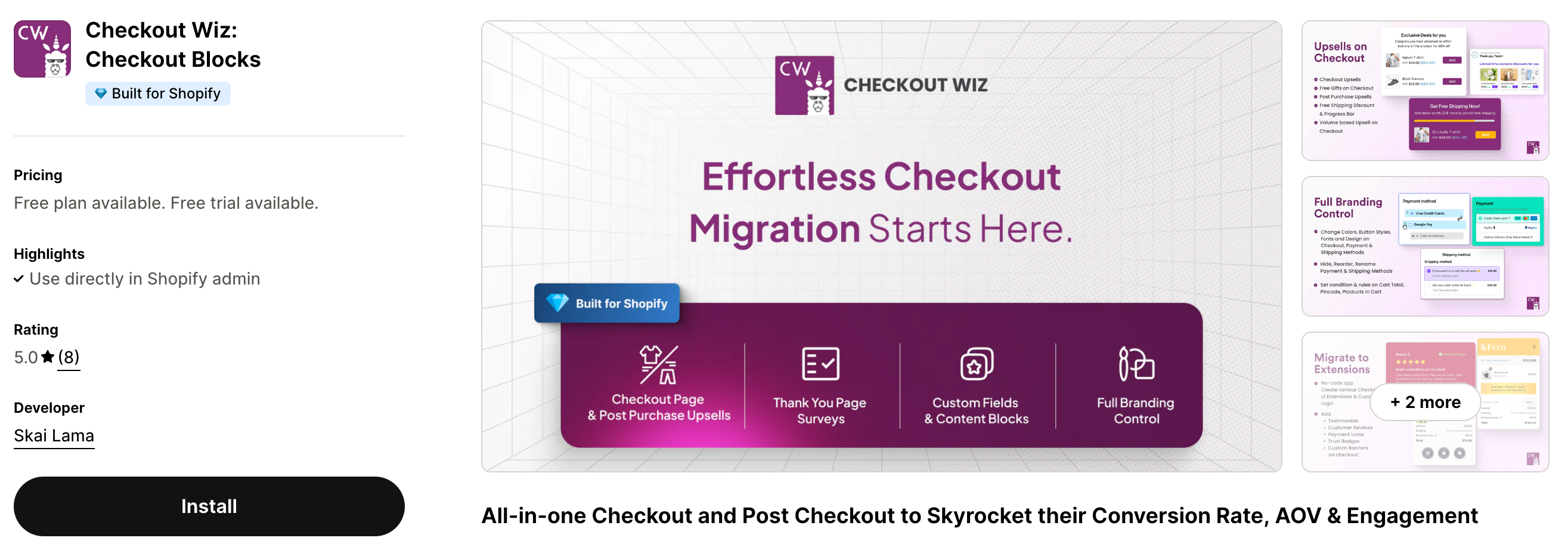 Shopify App Store Listing Page of Checkout Wiz