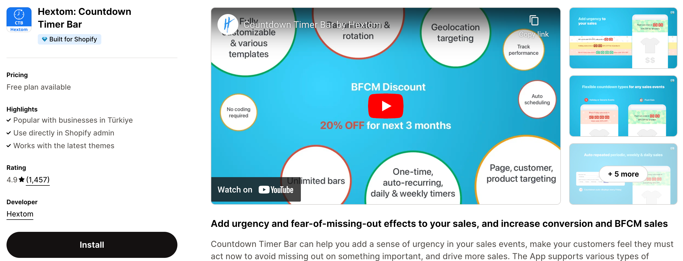Shopify App Store Listing Page of Hextom Countdown Timer