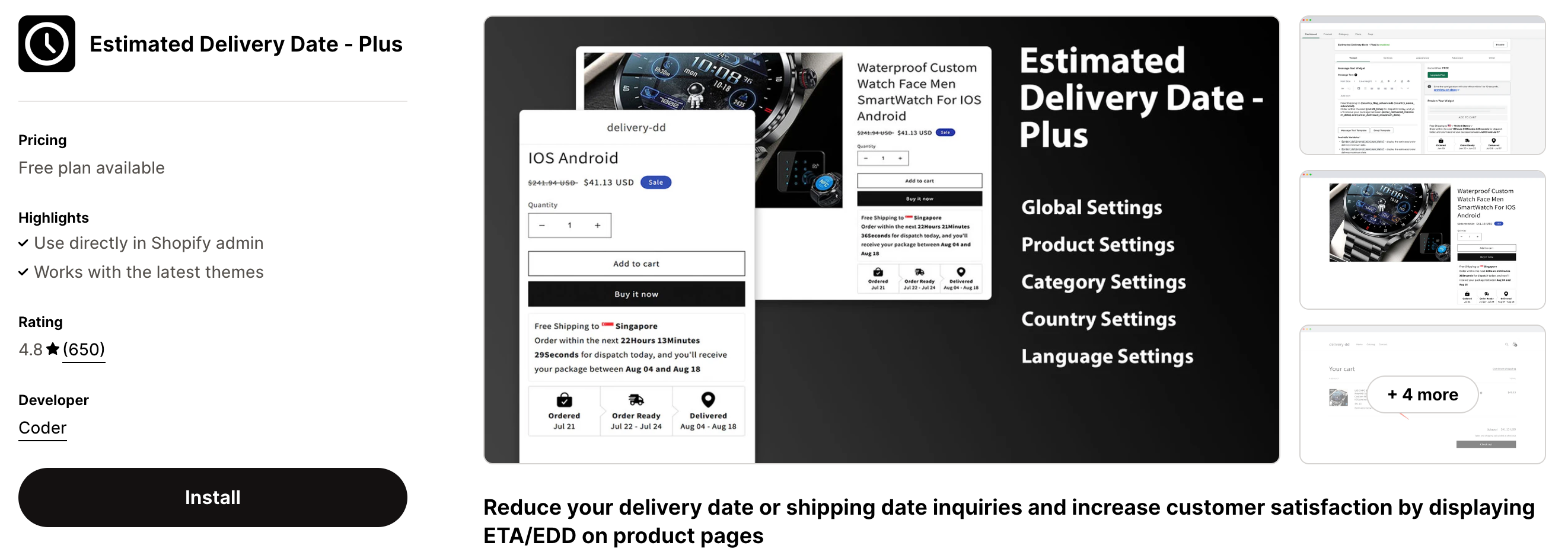 Shopify App Store Listing Page of Estimated Delivery Date