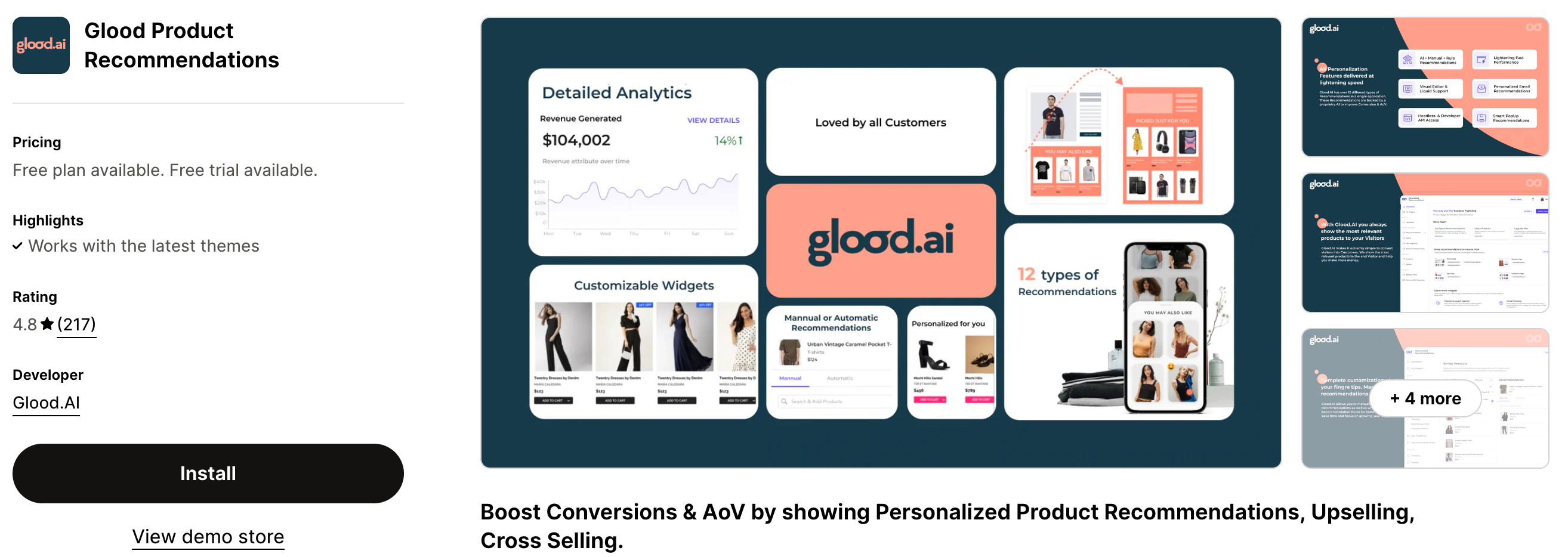 Shopify App Store Listing Page of Glood Product Recommendations