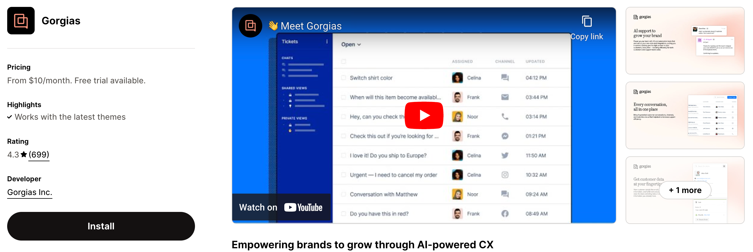 Shopify App Store Listing Page of Gorgias