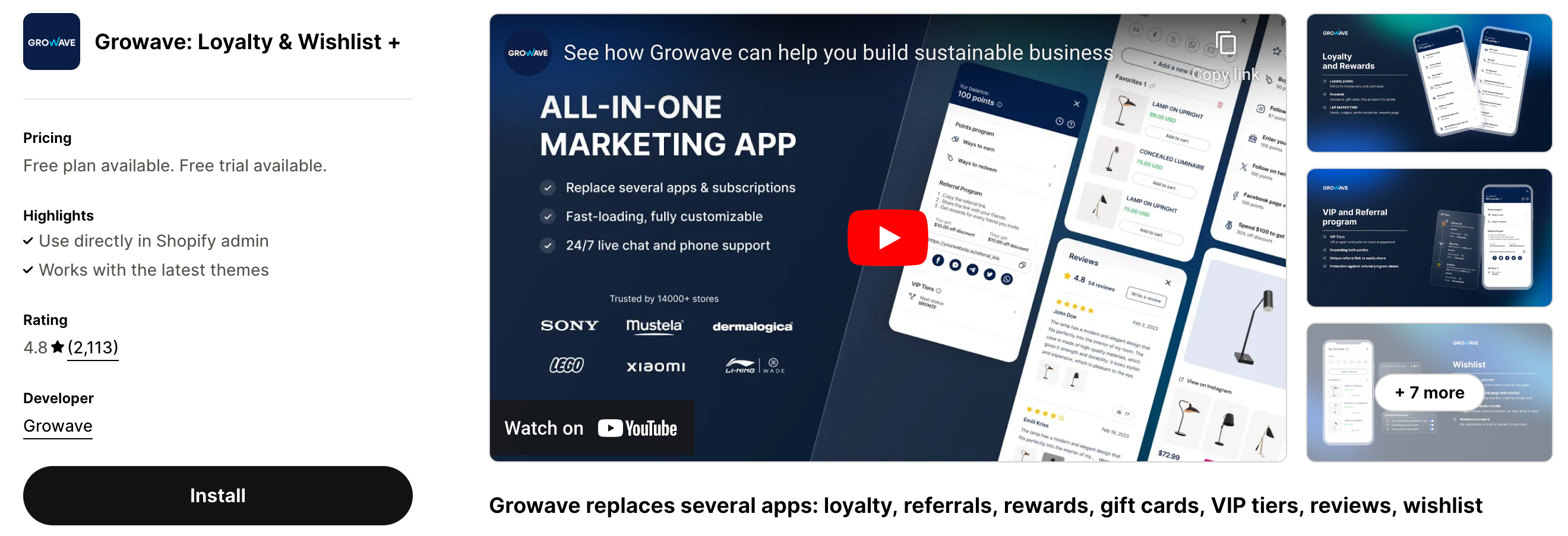 Shopify App Store Listing Page of Growave