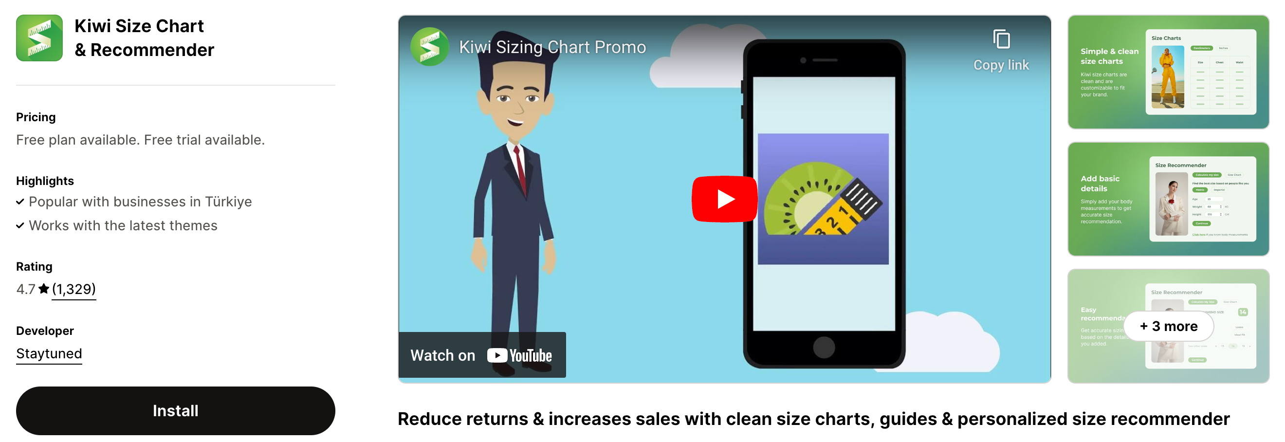Shopify App Store Listing Page of Kiwi Size Chart & Recommender