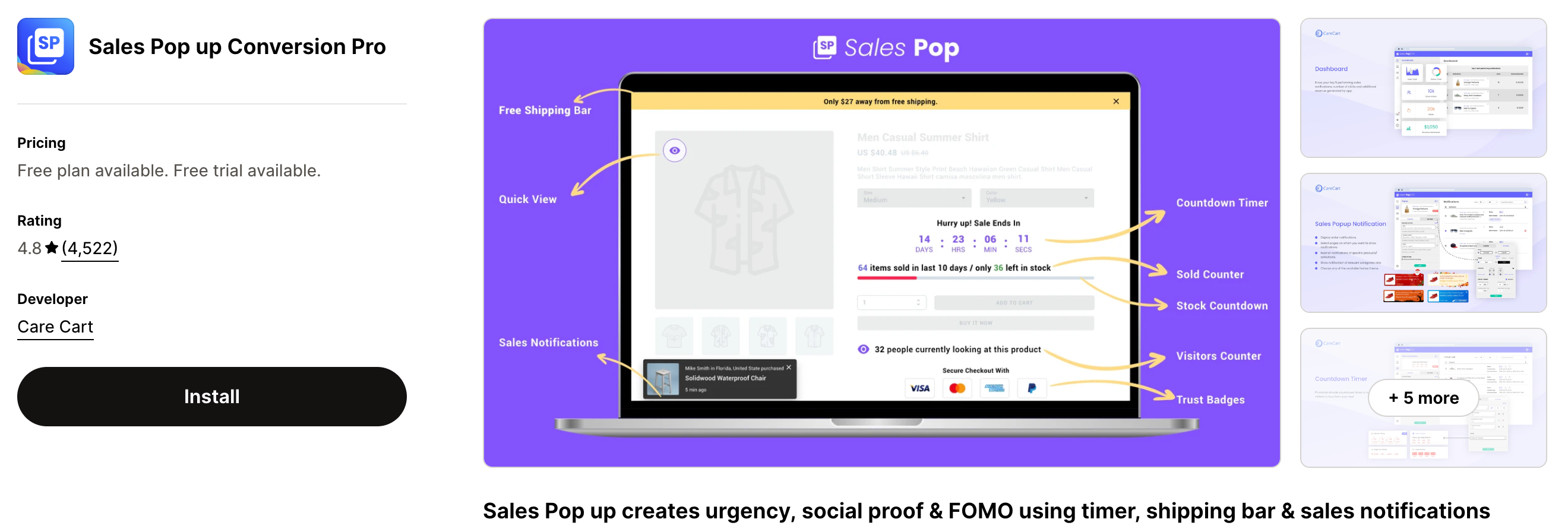 Shopify App Store Listing Page of Sales Pop Up