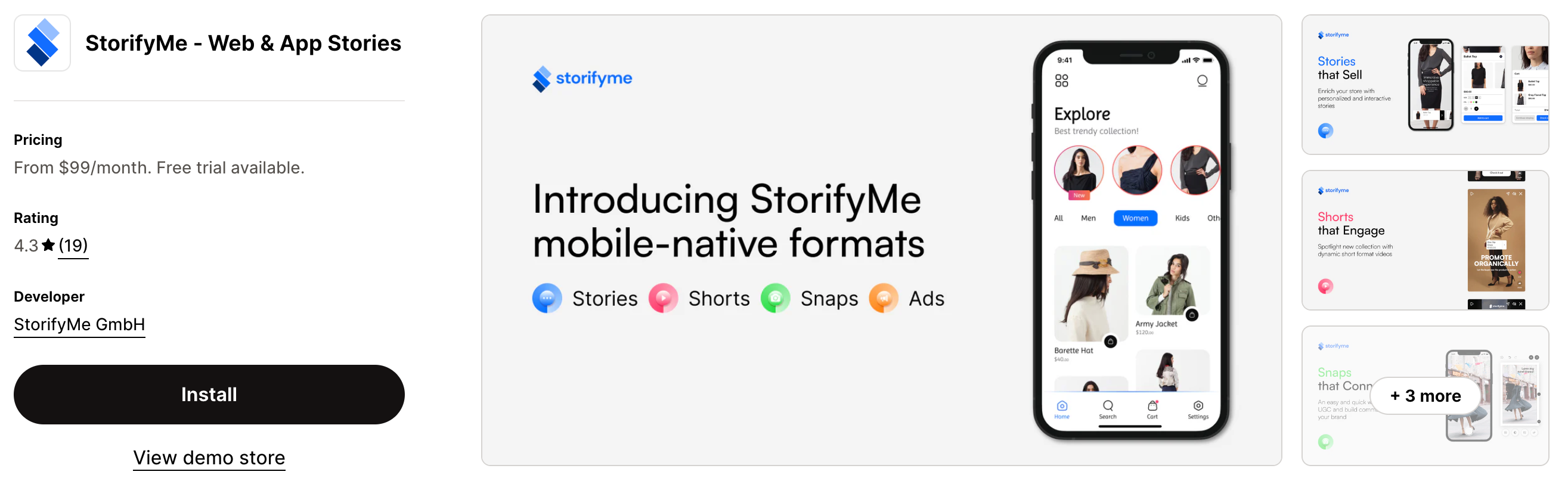 Shopify App Store Listing Page of StorifyMe