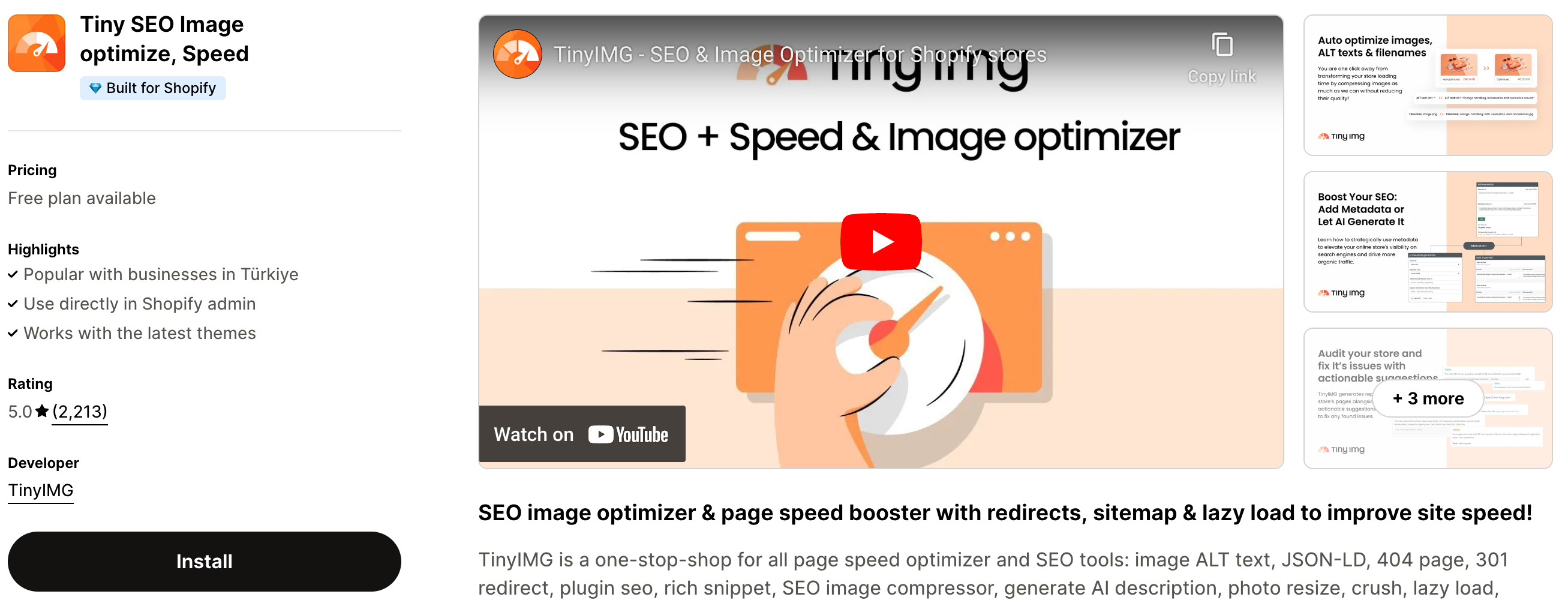 Shopify App Store Listing Page of TinyIMG