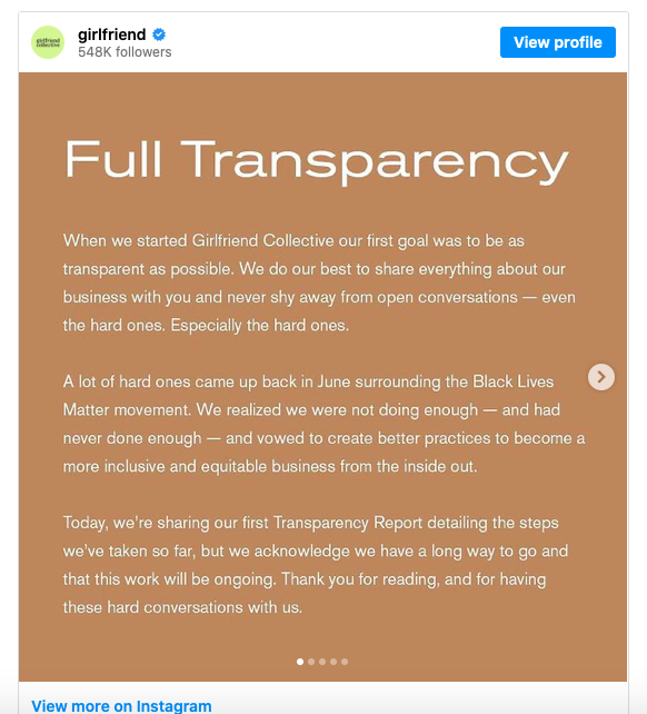 A social media post example of a brand trying to be transparent