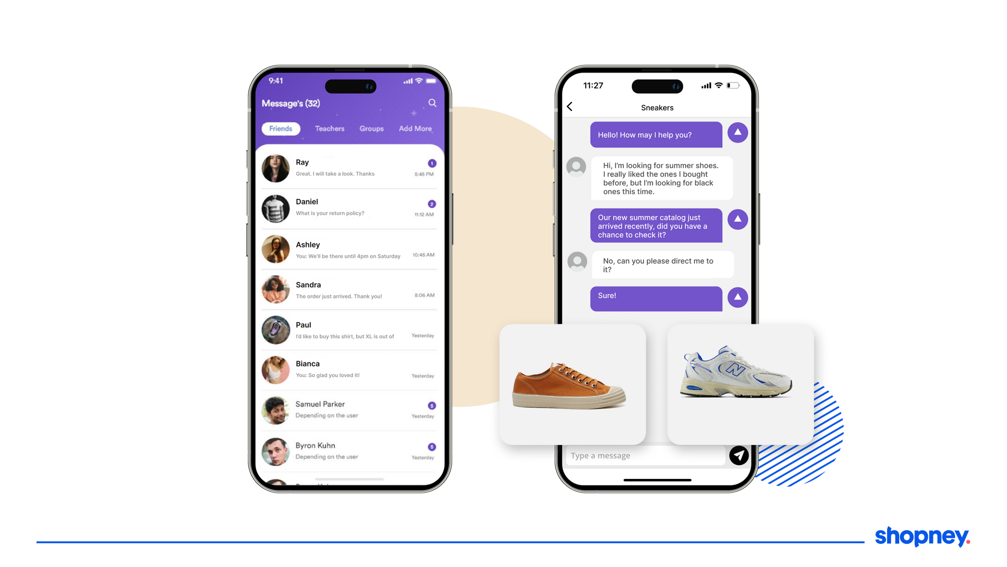 two mobile phone screens showing in-app chat example of a Shopney mobile app