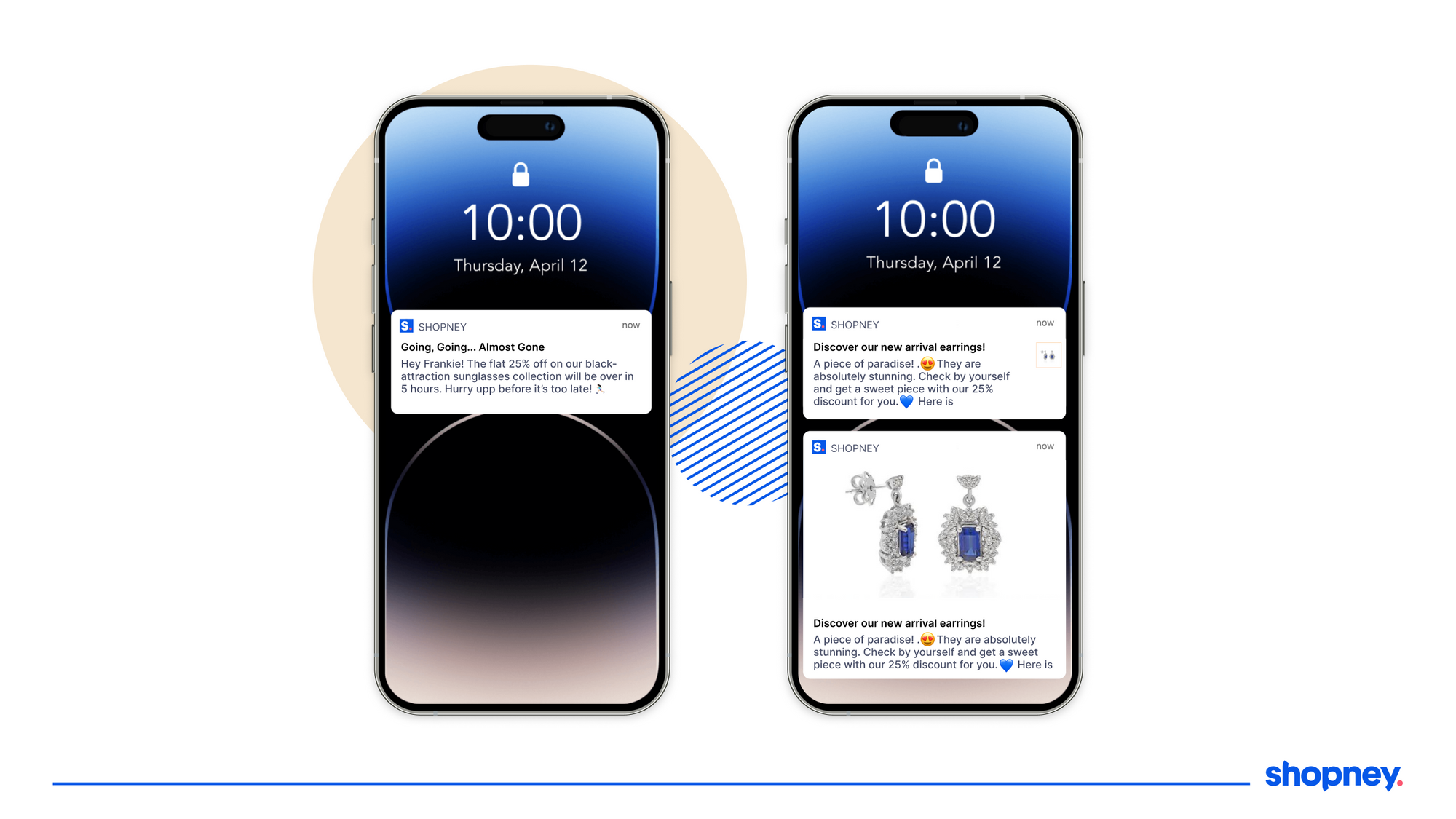 two mobile phone screens showing examples of push notifications sent by a Shopney mobile app