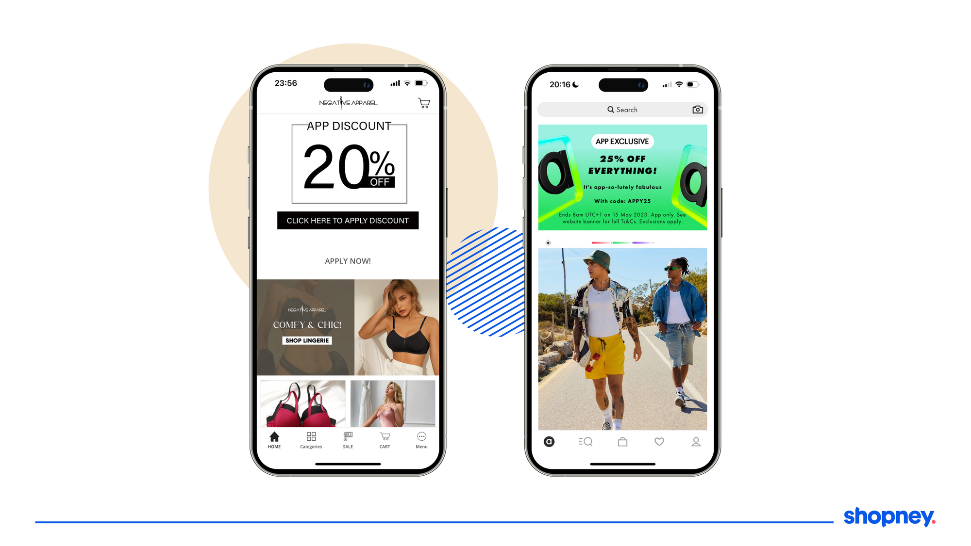 two mobile app home pages displaying app-exclusive campaigns
