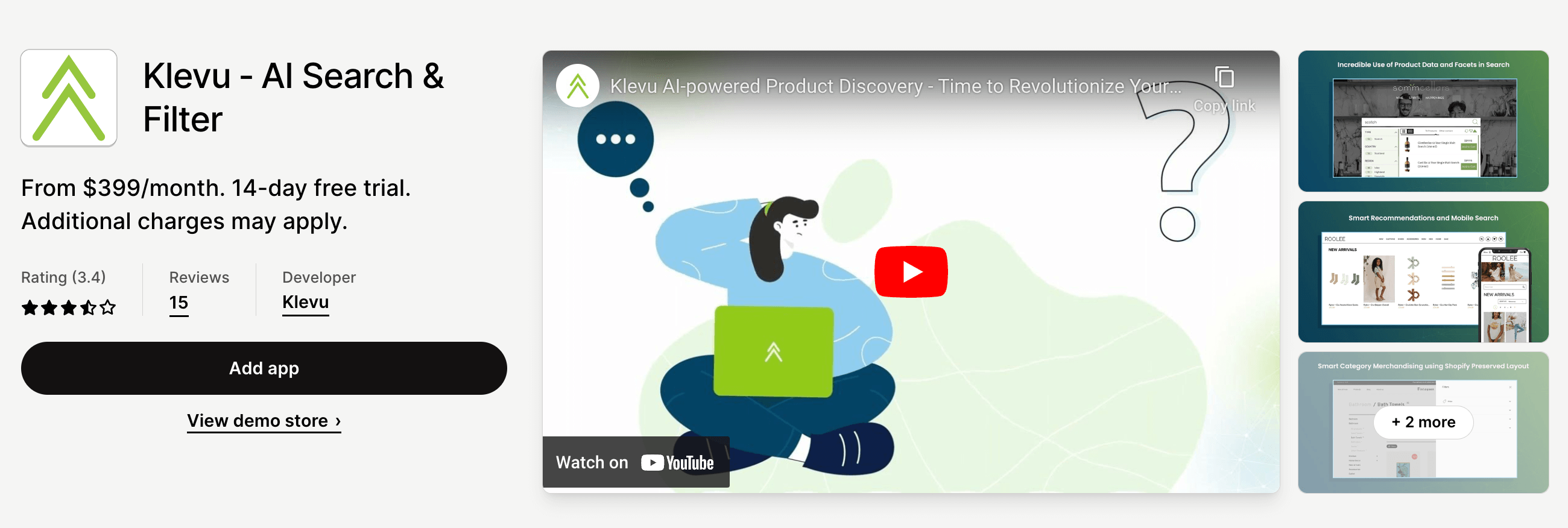 Klevu app on Shopify app store