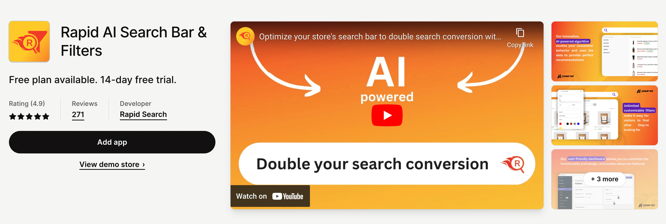 Rapid AI search bar & filters app on Shopify app store