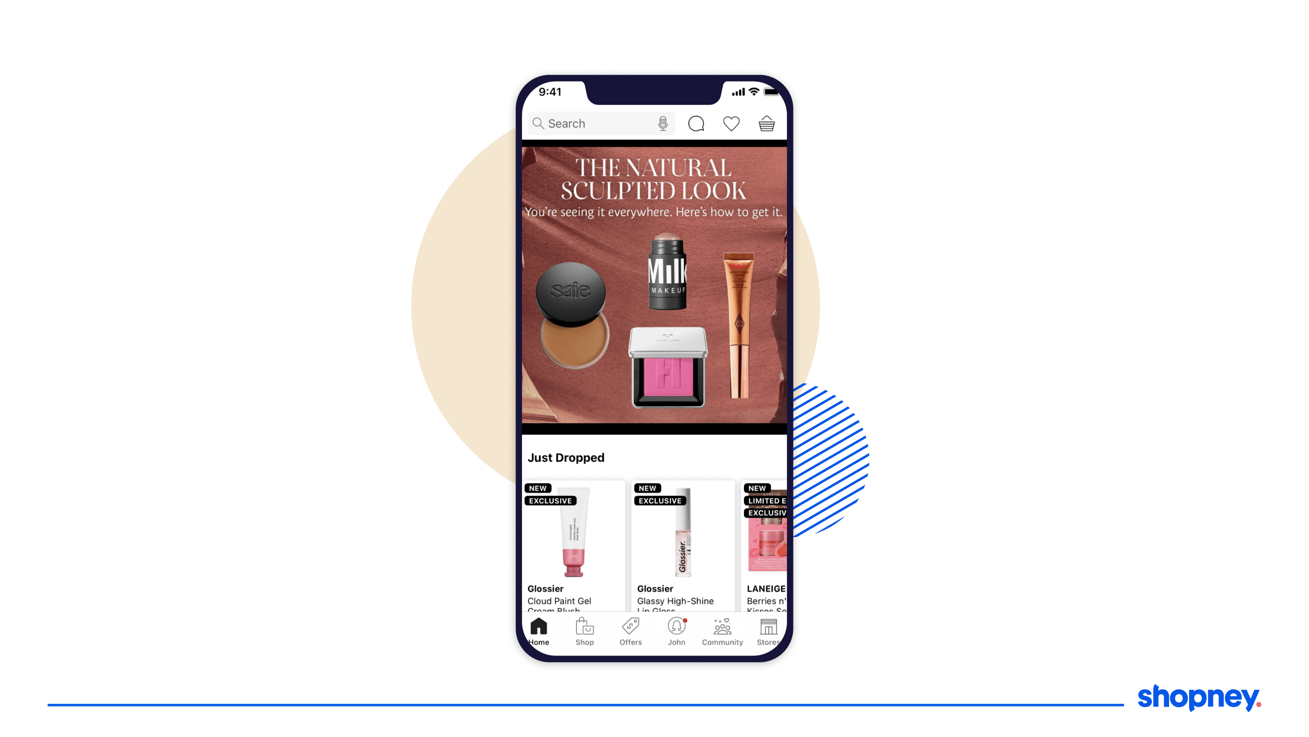 Mobile screen with a brand's app showcasing a ''just dropped'' collection