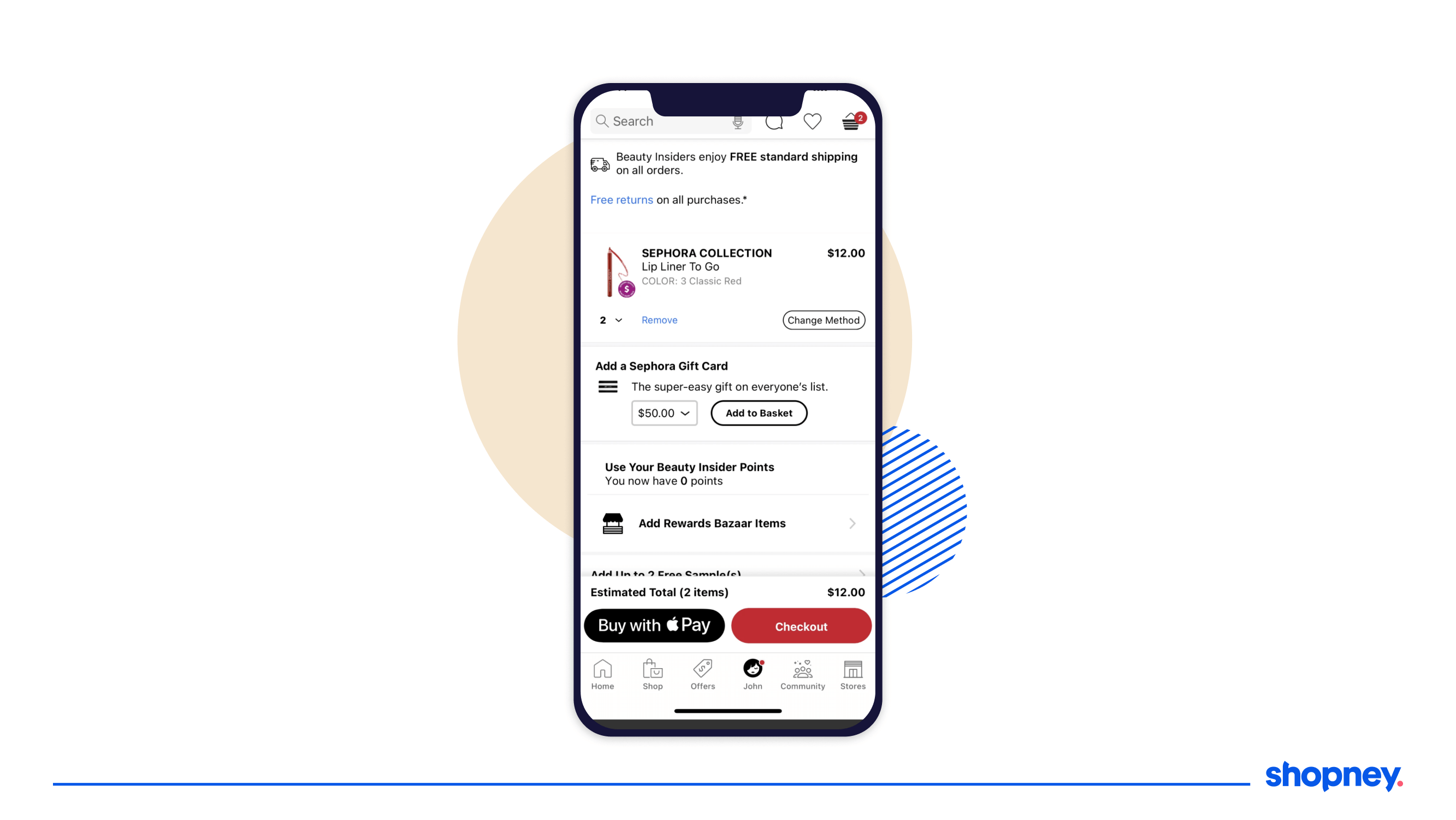 Shopping cart page of Sephora's mobile app
