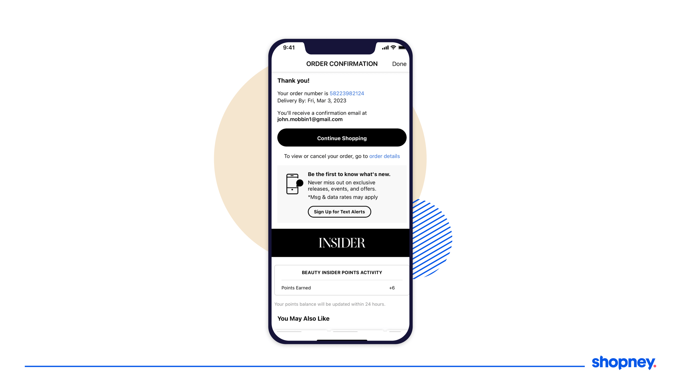 Order confirmation page of Sephora's mobile app 