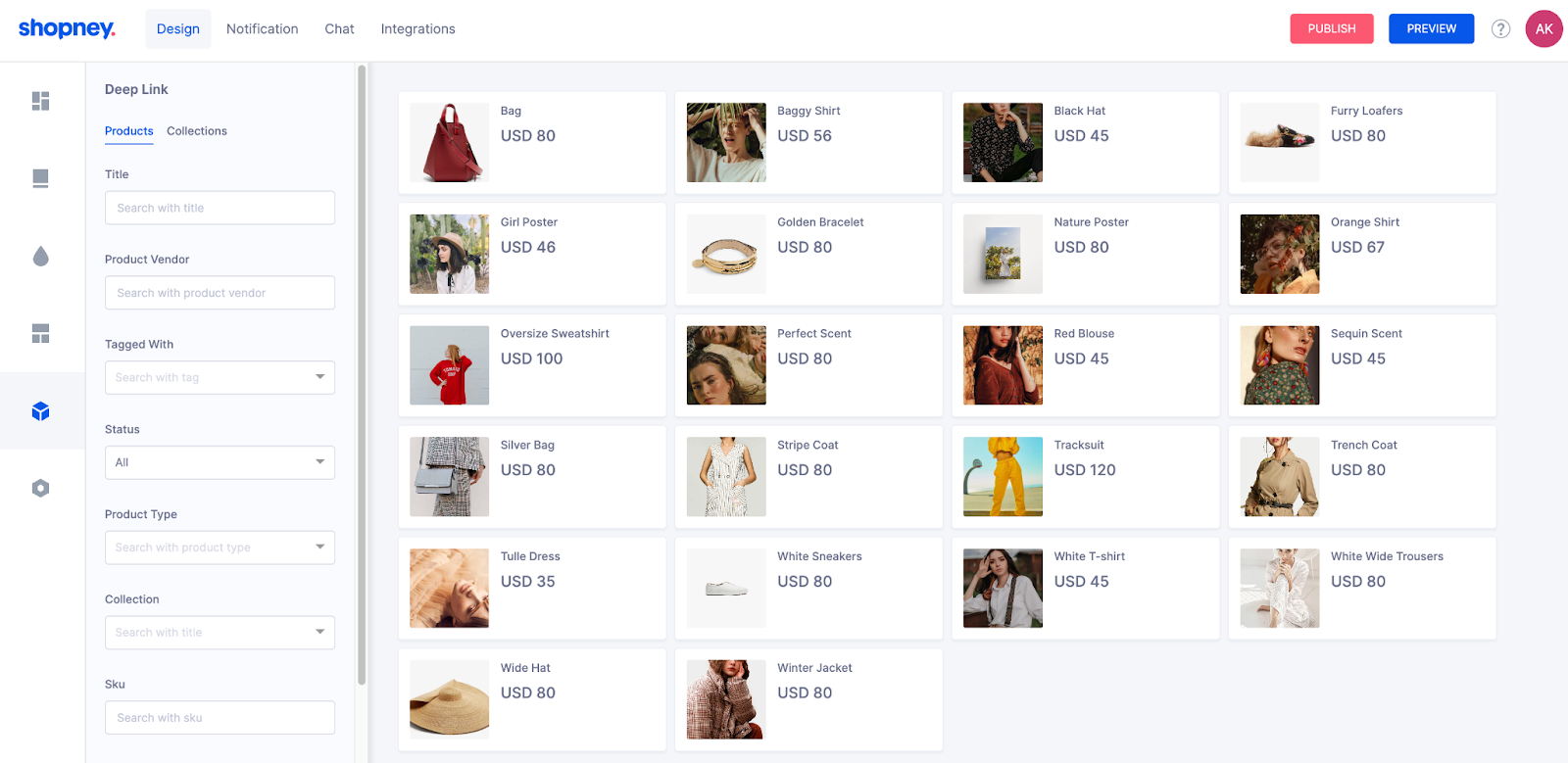 The deep link page of Shopney Mobile App Builder Dashboard